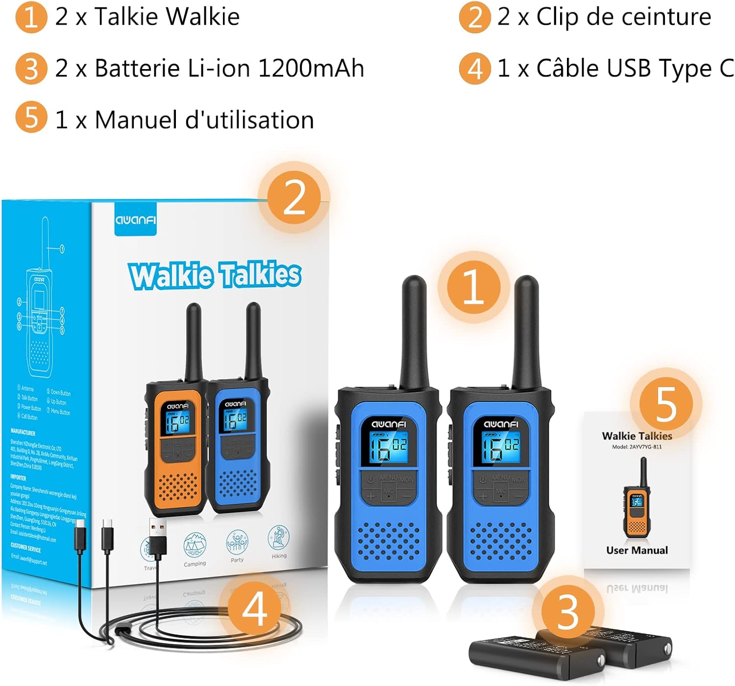 AWANFI Talkie Walkie Enfants Rechargeable 2 Pièces