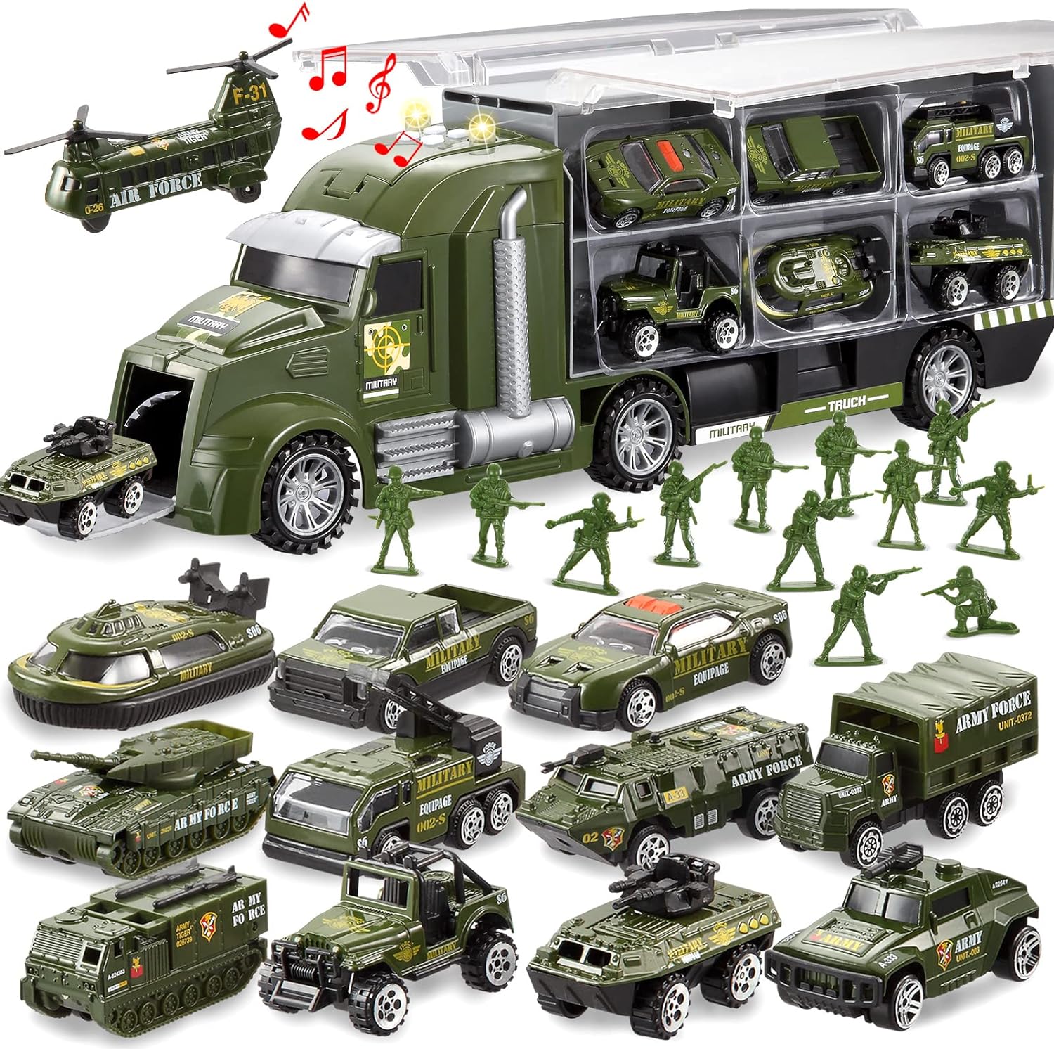 JOYIN 25 en 1 Camion Militaire Moulage sous Pression Véhicule de l'armée avec Petits Soldats, avec lumières et Sons